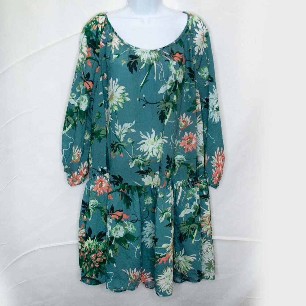 H&M Oversized Floral Viscose Dress Womens Medium M Blue Shift Casual Boho U06